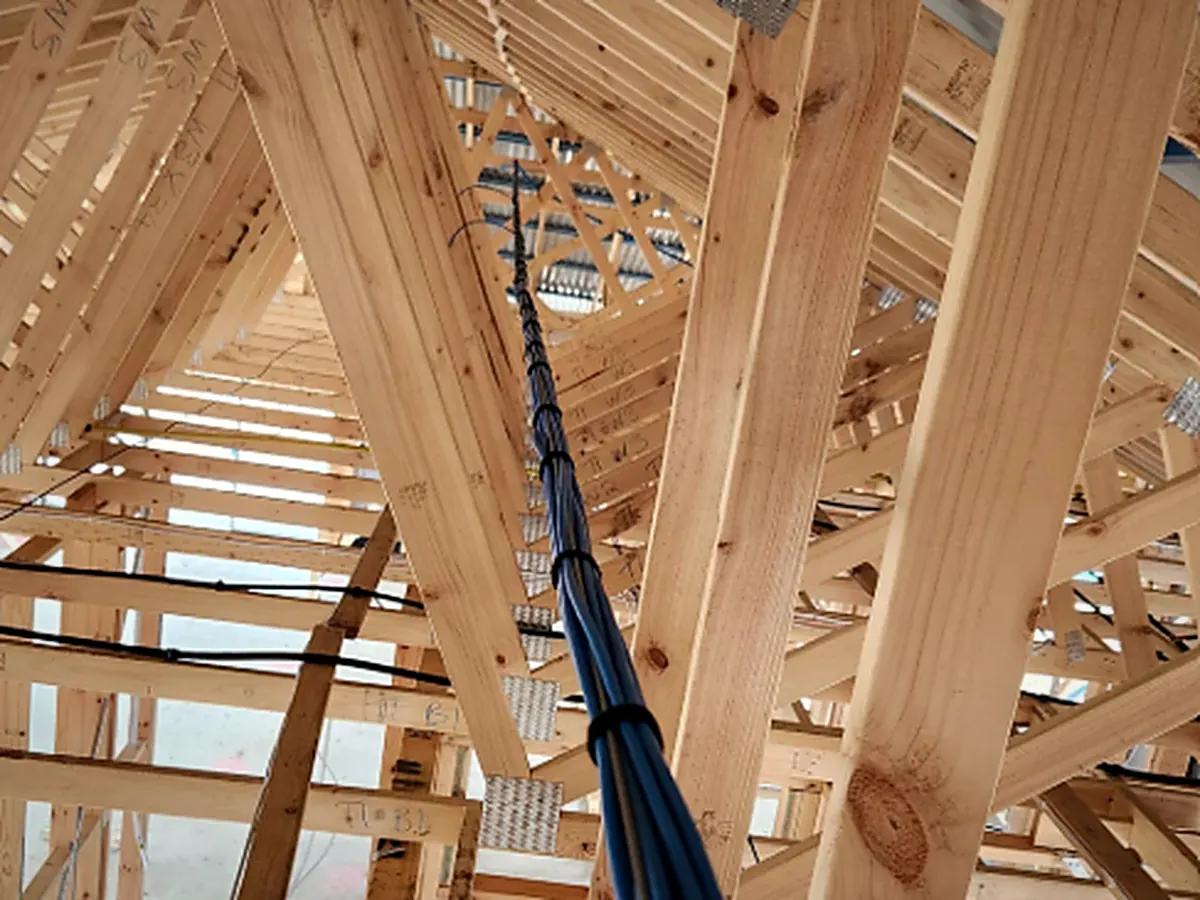 Bundled Cat6 runs pulled up through open roof trusses during rough-in