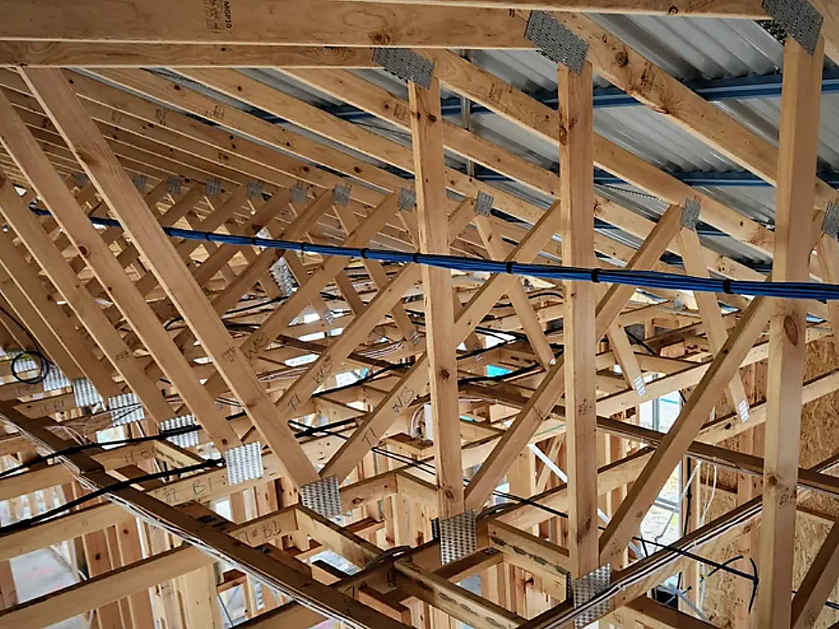Cat6 runs tied off along the trusses before the ceiling goes in