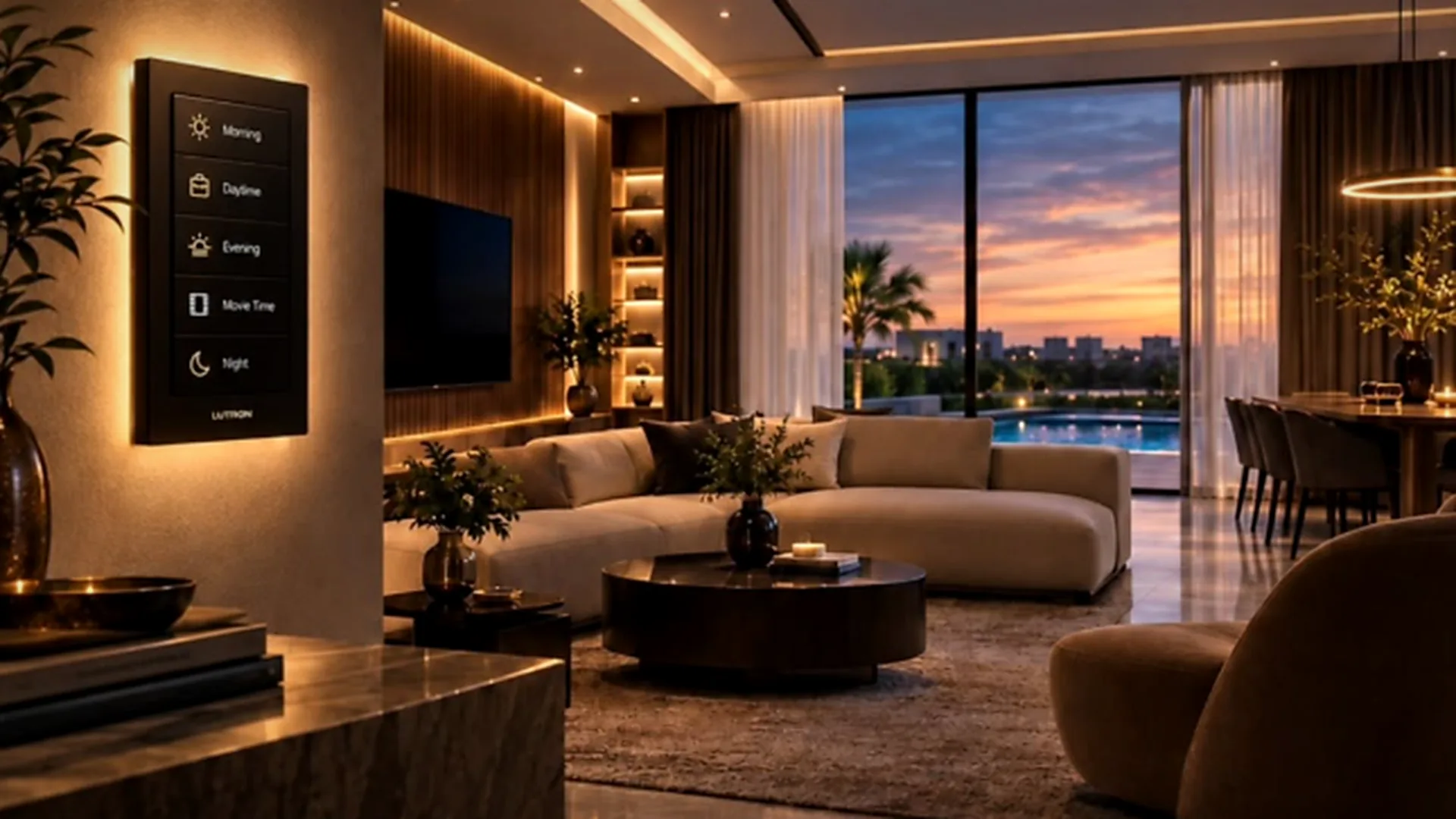 Smart lighting keypad in a South Florida living room at dusk, overlooking a lit pool